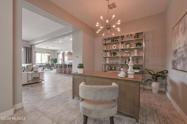 home office featuring light tile patterned floors, visible vents, baseboards, and an inviting chandelier