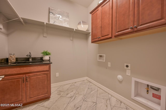 laundry area with electric dryer hookup, baseboards, hookup for a washing machine, marble finish floor, and a sink