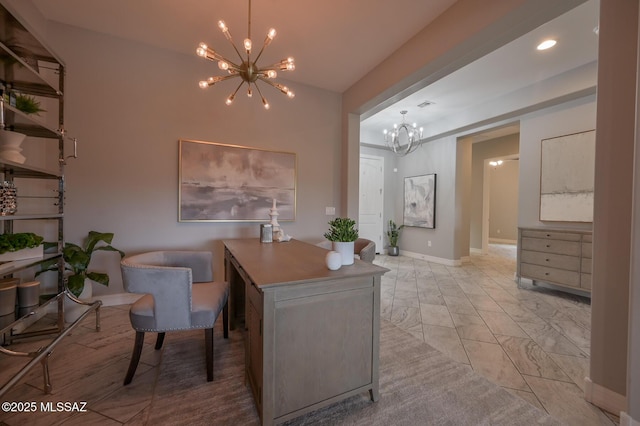 office space featuring visible vents, baseboards, marble finish floor, and a chandelier