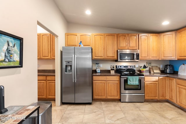 kitchen featuring lofted ceiling and stainless steel appliances