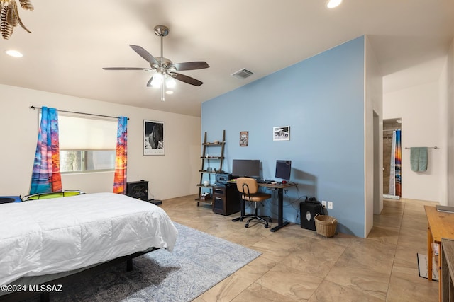 bedroom featuring vaulted ceiling and ceiling fan