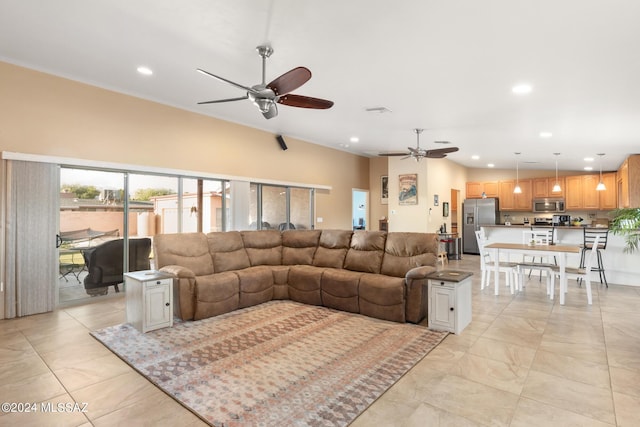 living room with ceiling fan