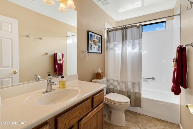 full bathroom with tile patterned flooring, vanity, shower / tub combo with curtain, and toilet