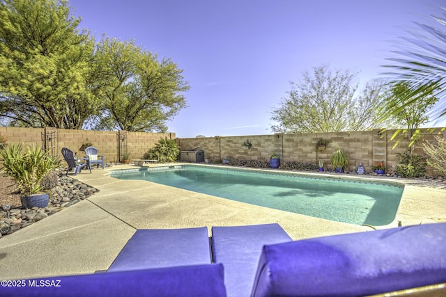 view of swimming pool featuring a patio area, a diving board, a fenced backyard, and a fenced in pool