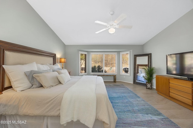 bedroom featuring high vaulted ceiling, ceiling fan, and light hardwood / wood-style floors