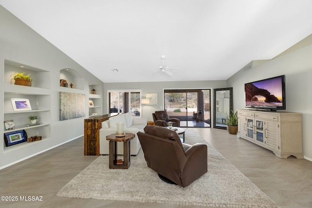 living room with high vaulted ceiling, built in features, ceiling fan, and light hardwood / wood-style floors