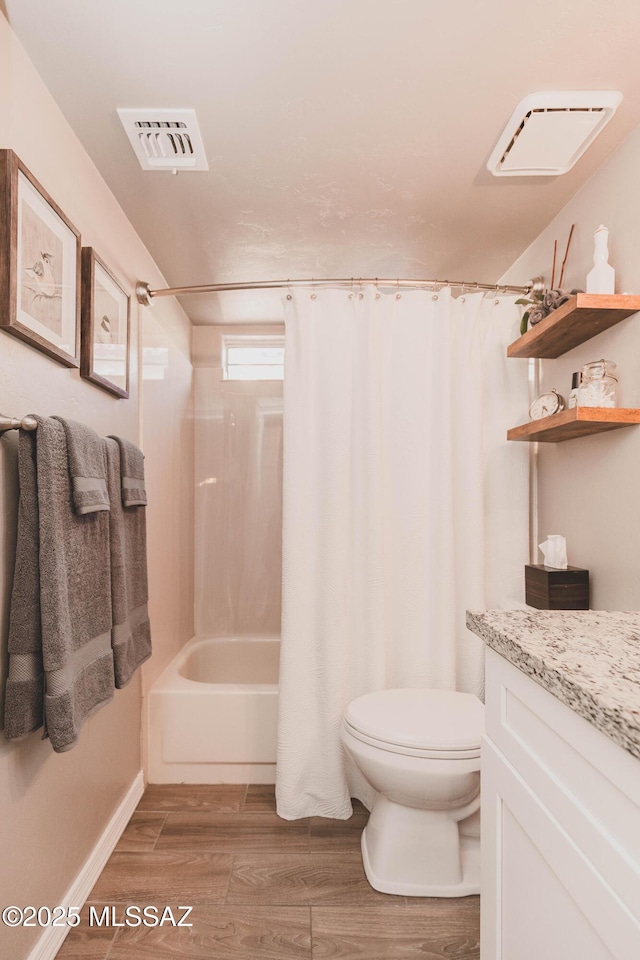 full bathroom featuring shower / bath combination with curtain, wood-type flooring, toilet, and vanity