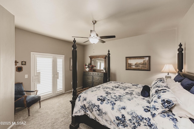 carpeted bedroom featuring access to outside and ceiling fan