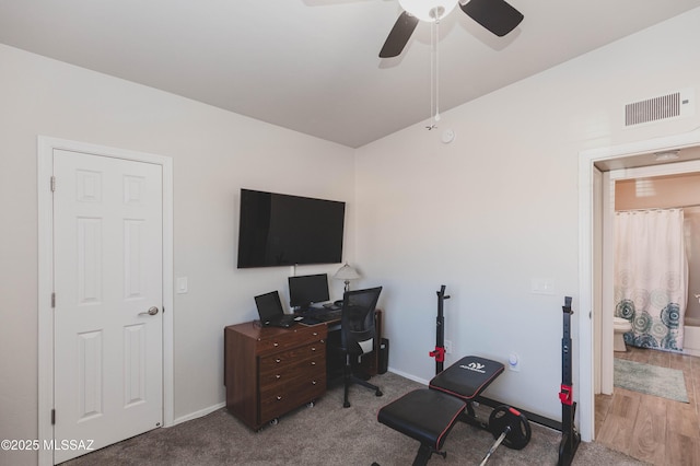 office featuring carpet and ceiling fan