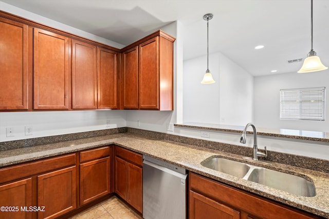 kitchen featuring stone counters, dishwasher, sink, and decorative light fixtures