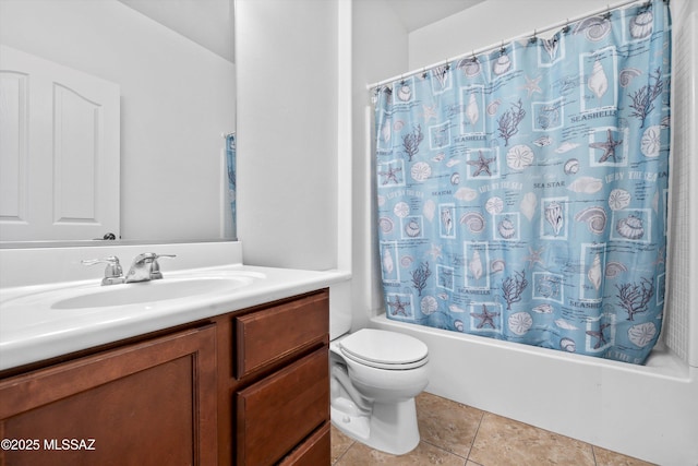 full bathroom with tile patterned flooring, shower / bath combo, vanity, and toilet