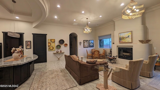 living room with ornamental molding