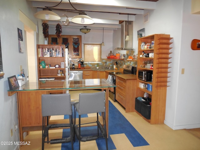 kitchen featuring stainless steel appliances, open shelves, visible vents, decorative backsplash, and wall chimney exhaust hood