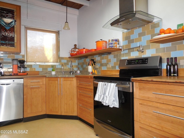 kitchen featuring island exhaust hood, appliances with stainless steel finishes, open shelves, and backsplash