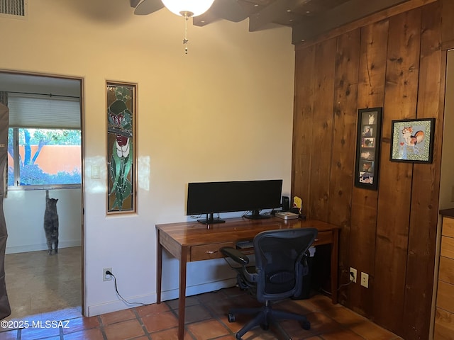 office featuring visible vents and wood walls