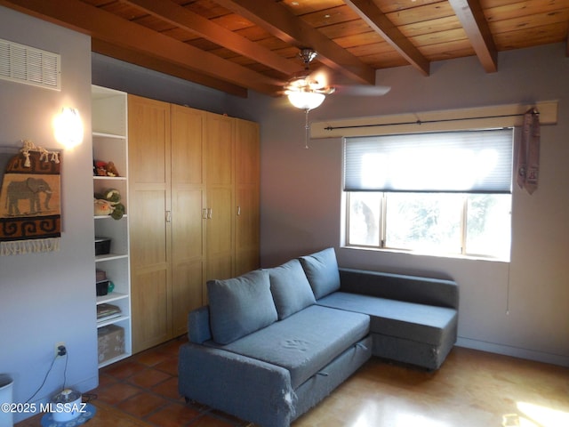 living area featuring wood ceiling, visible vents, ceiling fan, and beam ceiling