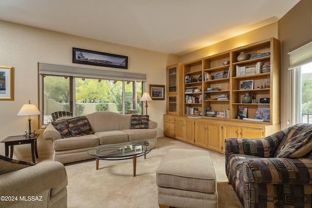 living room with light colored carpet