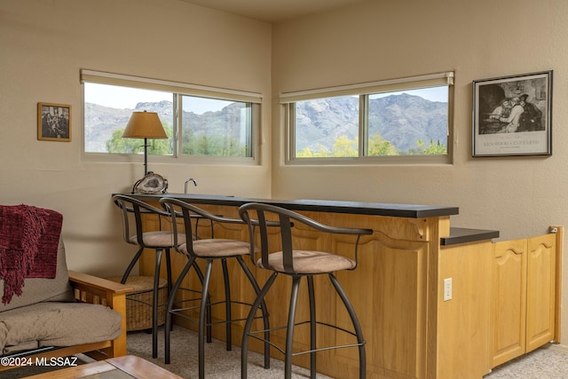 bar with a mountain view, light colored carpet, and light brown cabinets