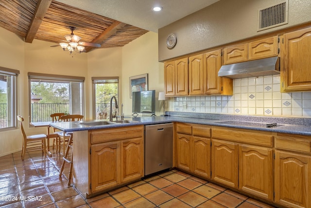 kitchen with sink, dishwasher, tasteful backsplash, black electric cooktop, and kitchen peninsula