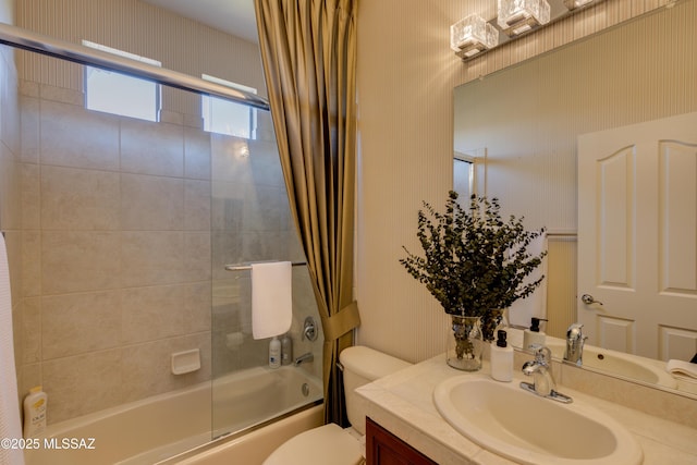 full bathroom with toilet, vanity, and shower / bathtub combination with curtain