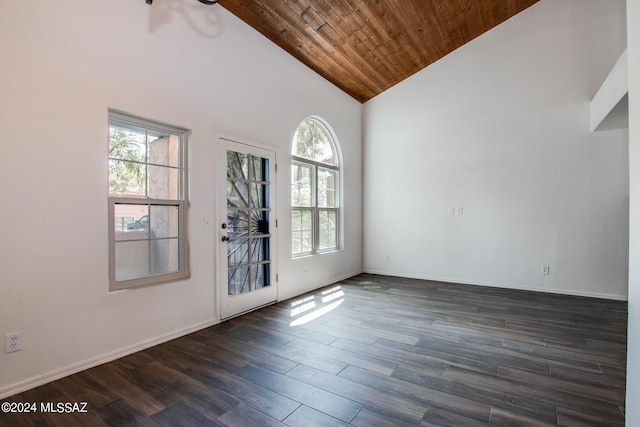 unfurnished room featuring dark hardwood / wood-style flooring, high vaulted ceiling, and wood ceiling