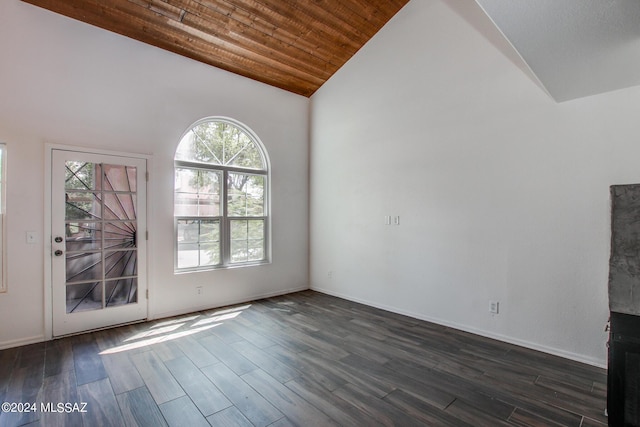 unfurnished living room with lofted ceiling, dark hardwood / wood-style flooring, and wooden ceiling