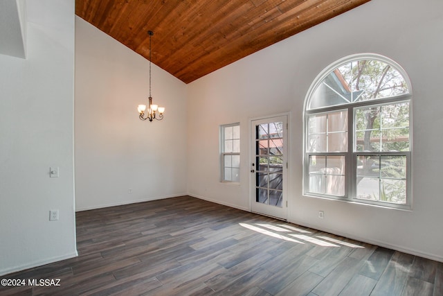 spare room featuring an inviting chandelier, dark hardwood / wood-style flooring, high vaulted ceiling, and wooden ceiling