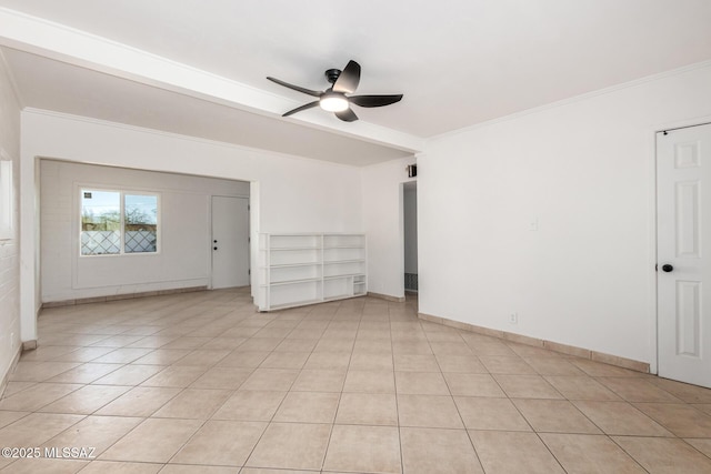 tiled empty room with crown molding and ceiling fan