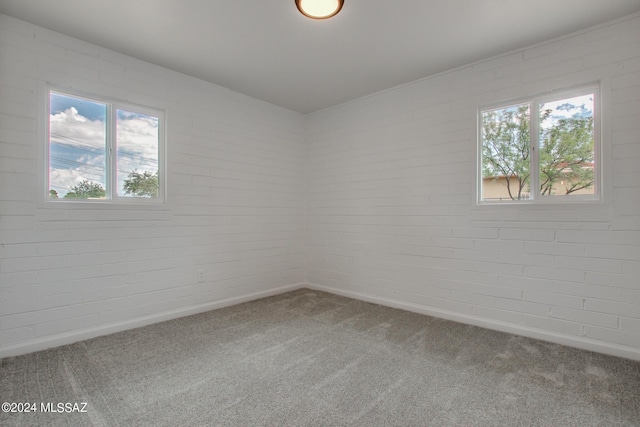 carpeted spare room featuring brick wall and plenty of natural light