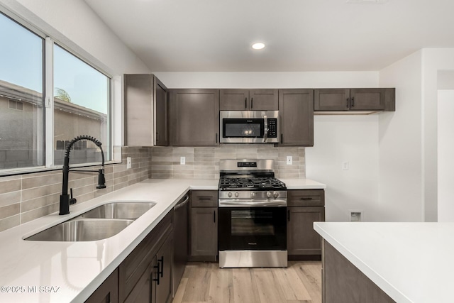 kitchen featuring appliances with stainless steel finishes, tasteful backsplash, sink, light hardwood / wood-style floors, and dark brown cabinets