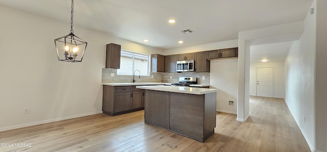 kitchen with appliances with stainless steel finishes, backsplash, a center island, decorative light fixtures, and light wood-type flooring