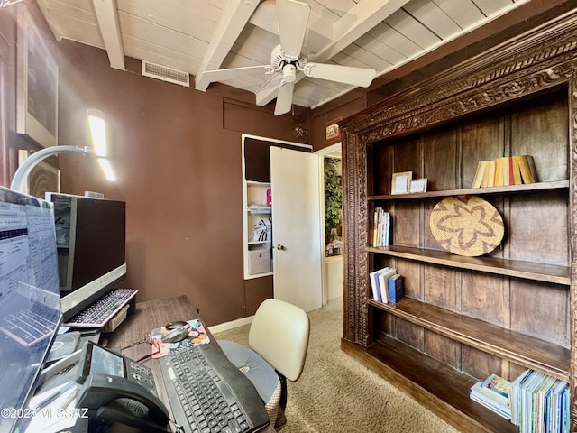 home office featuring visible vents, ceiling fan, wood ceiling, beamed ceiling, and carpet floors