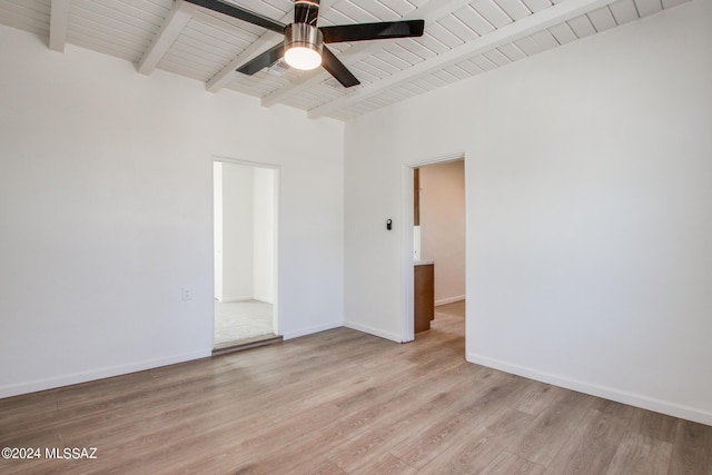 unfurnished room featuring beamed ceiling, ceiling fan, wooden ceiling, and light wood-type flooring