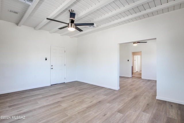 spare room featuring beam ceiling, light hardwood / wood-style flooring, wooden ceiling, and ceiling fan