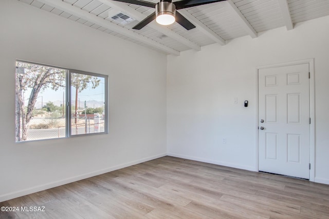 spare room with vaulted ceiling with beams, wood ceiling, light hardwood / wood-style floors, and ceiling fan