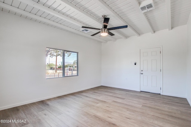 spare room featuring wood ceiling, ceiling fan, beam ceiling, and light wood-type flooring