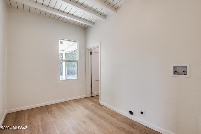 washroom featuring hookup for an electric dryer, hookup for a washing machine, light hardwood / wood-style flooring, and wooden ceiling