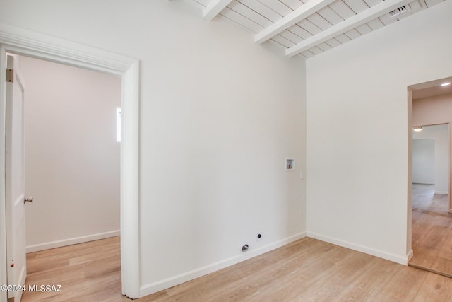 spare room featuring lofted ceiling with beams, wood ceiling, and light hardwood / wood-style floors