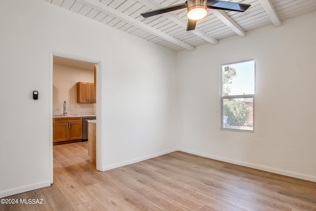 unfurnished room with sink, ceiling fan, light hardwood / wood-style floors, wooden ceiling, and beam ceiling