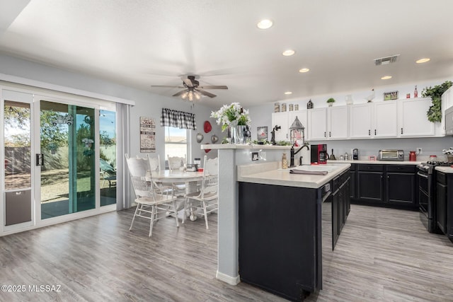 kitchen with white cabinets, an island with sink, sink, and stainless steel stove