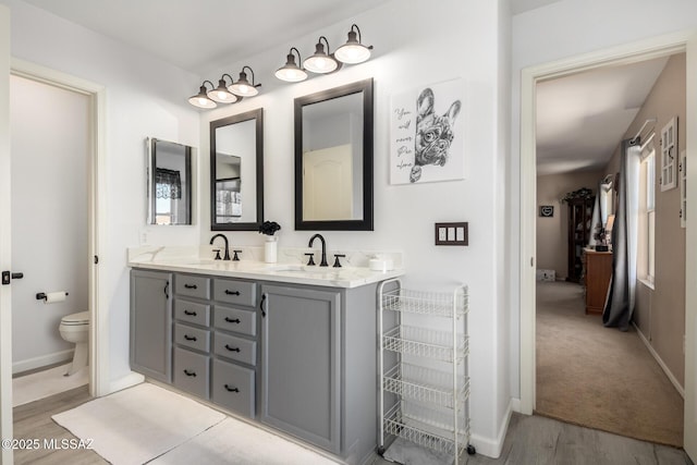 bathroom with hardwood / wood-style flooring, vanity, and toilet