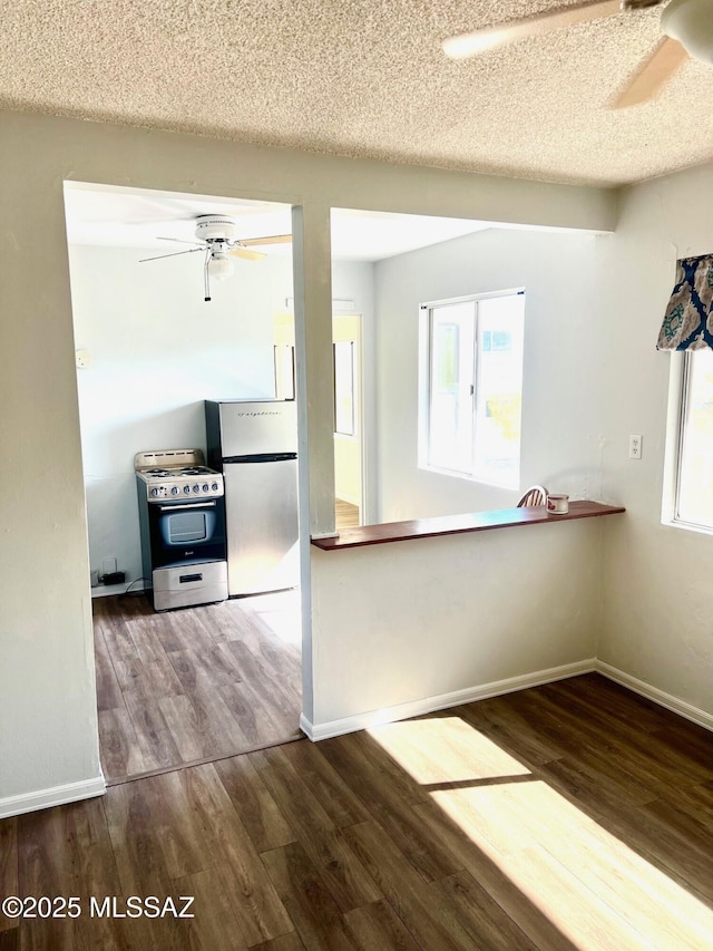 kitchen with a healthy amount of sunlight, hardwood / wood-style floors, ceiling fan, and appliances with stainless steel finishes