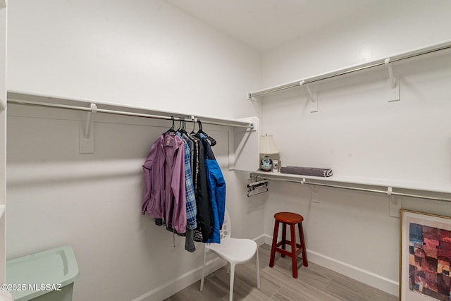 walk in closet with light hardwood / wood-style flooring