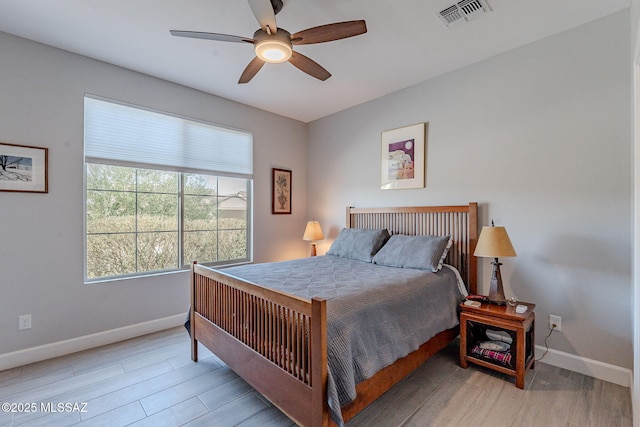 bedroom featuring ceiling fan and light hardwood / wood-style floors