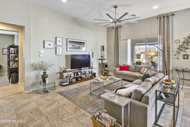 living room with ceiling fan