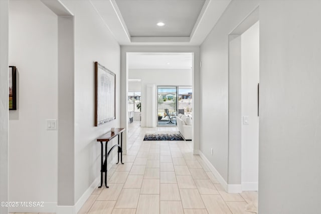 hall featuring a raised ceiling