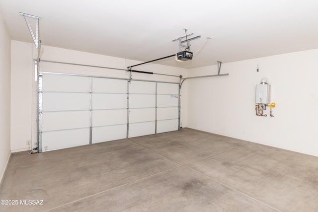 garage with water heater and a garage door opener