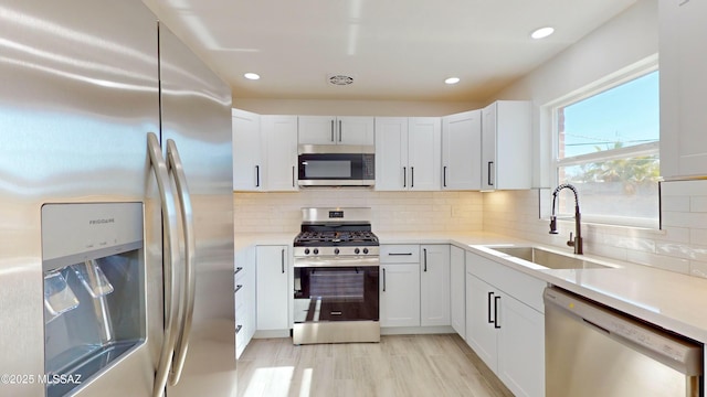 kitchen featuring sink, decorative backsplash, white cabinets, and appliances with stainless steel finishes