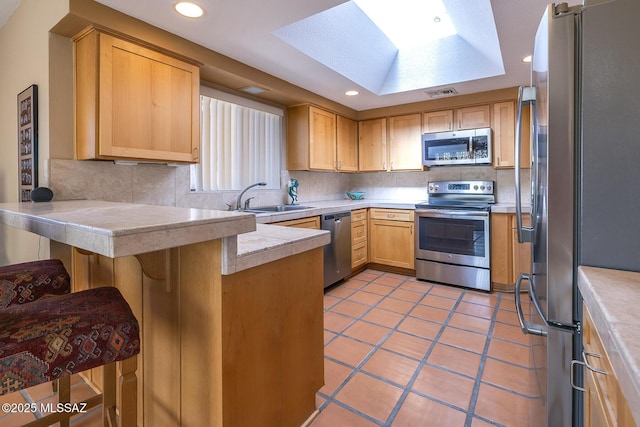 kitchen with stainless steel appliances, a peninsula, a skylight, a sink, and tasteful backsplash