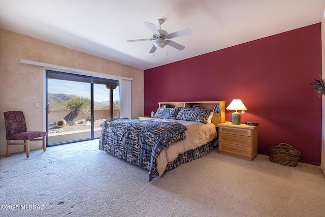 bedroom featuring ceiling fan, access to outside, and carpet